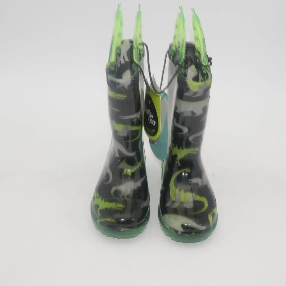 NEW Western Chief Dinosaur Light Up Rain Boots Green Pull Up Toddler Boys 5